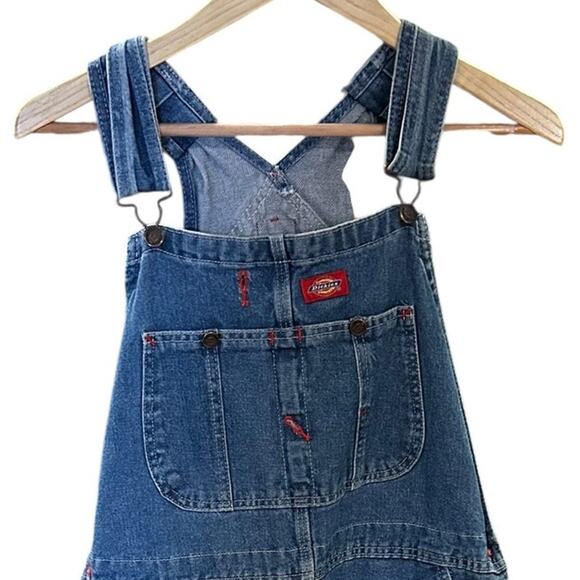 DICKIES Medium Wash Denim Overalls Distressed Raw Hem Men's Size 34 x 27